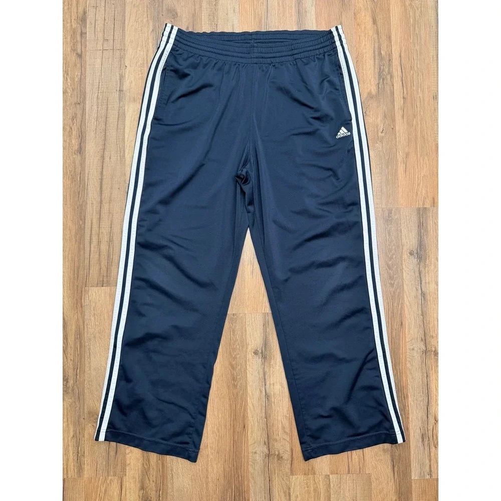 Adidas Men's M Navy Blue 3 Stripe Track Pants Wide Leg Athletic Y2K Style